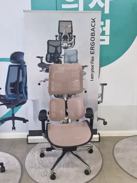 A light pink SIHOO ergonomic chair showcased in a DUOBACK retail store, with an "I am your Flex ERGOBACK" banner.