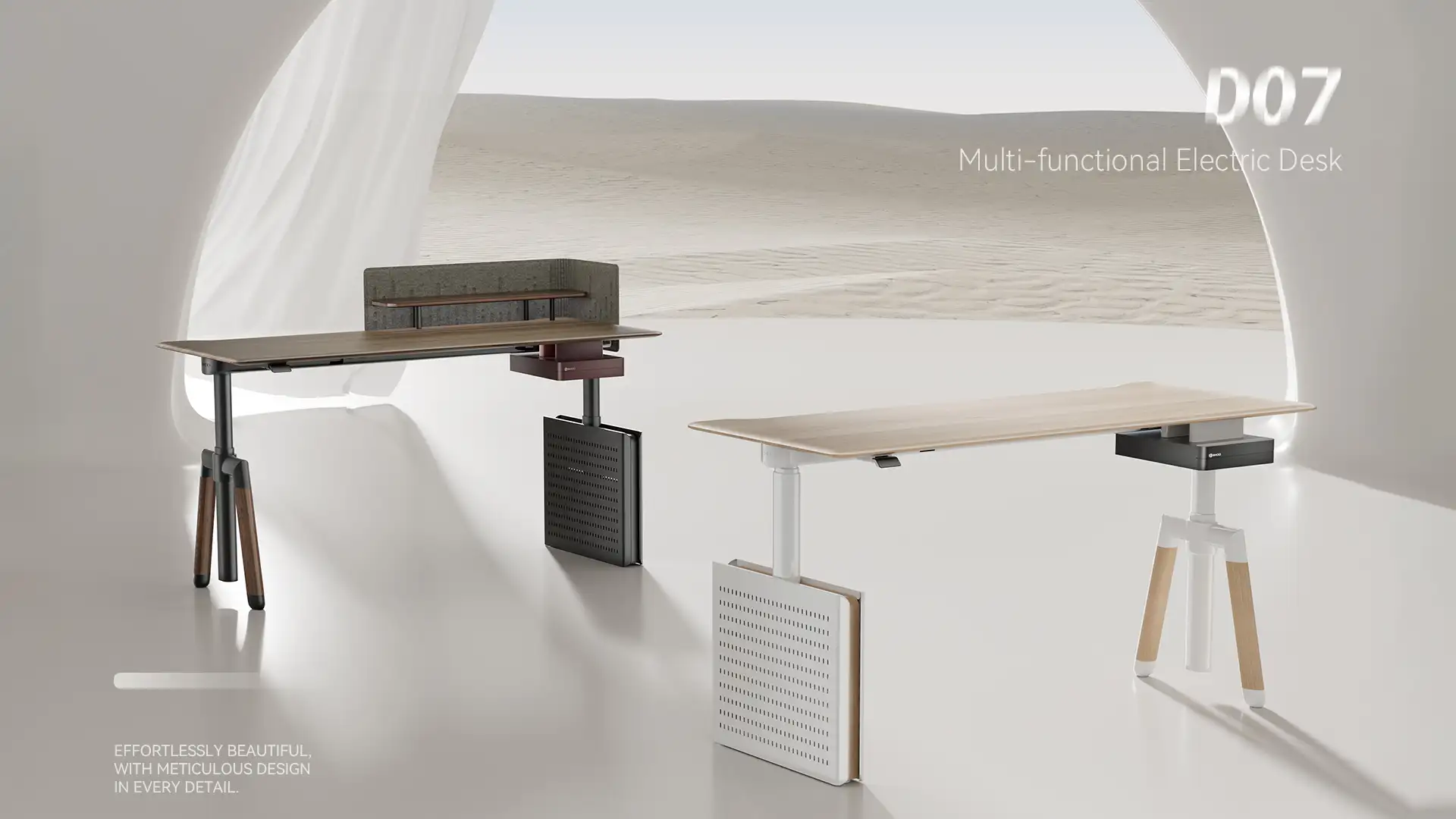 Two D07 multi-functional electric desks with different designs, shown in a minimalist space with a desert background, highlighting "Effortlessly Beautiful" design.