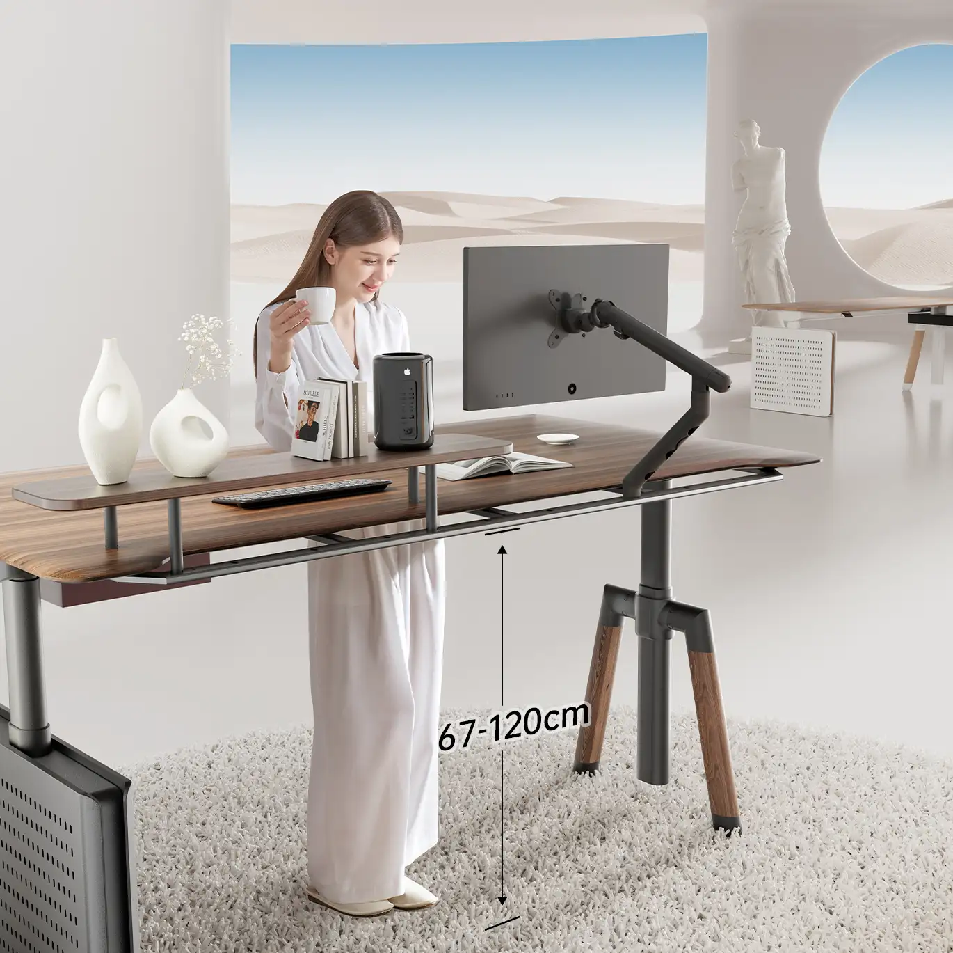 A woman using an electric standing desk (adjustable 67-120cm) in a bright, modern home office, with a monitor, decor, and a desert-inspired background.