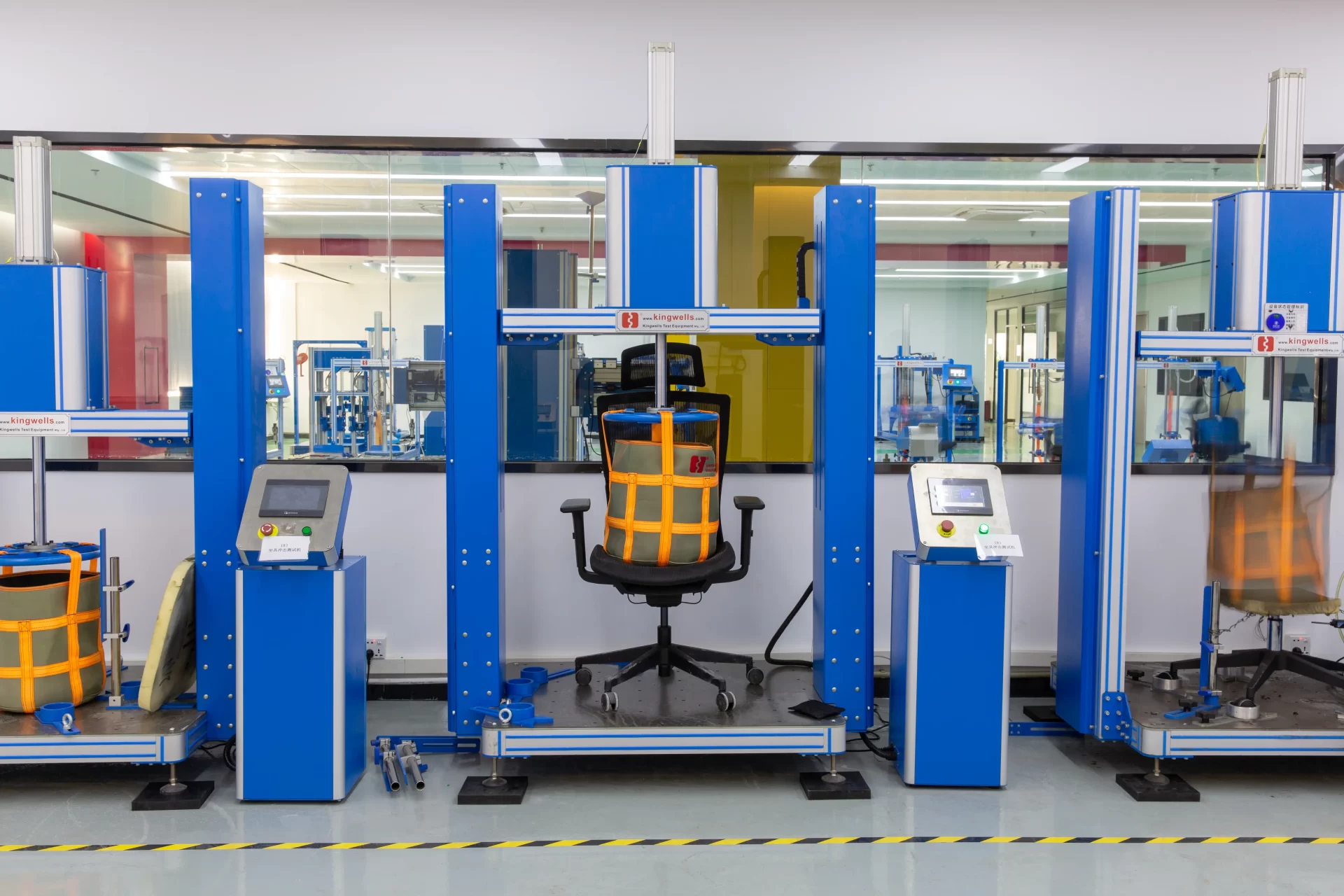 SIHOO ergonomic chair undergoing durability testing in a lab, secured in a test rig with safety harnesses, part of rigorous quality assurance protocols.